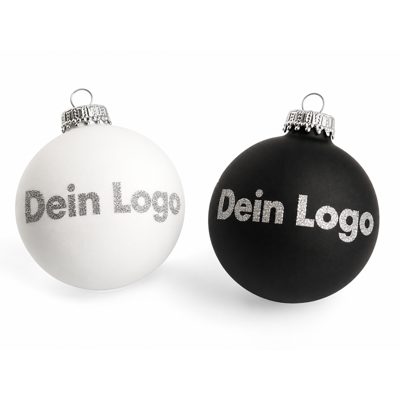 Weiße und schwarze Weihnachtskugel mit der Aufschrift „Dein Logo“ in Silber