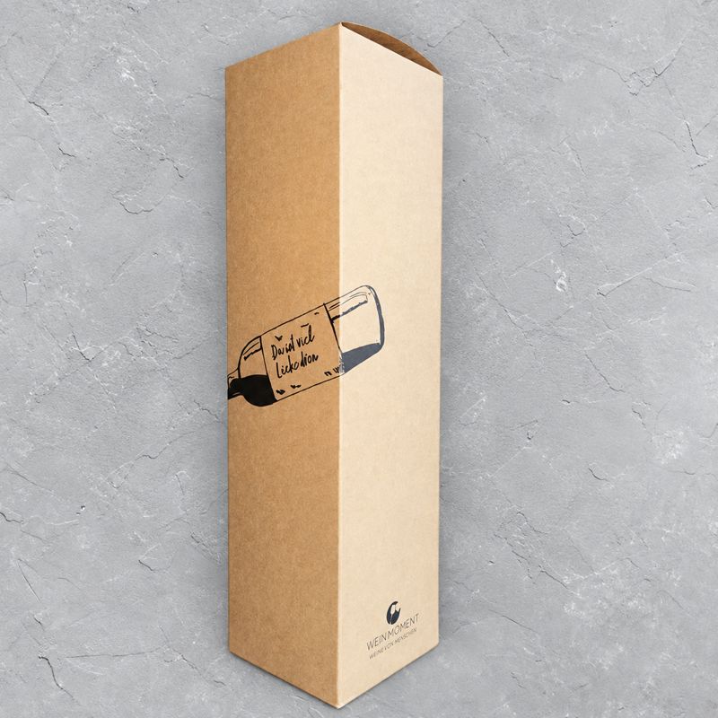 Schmale WEIN-MOMENT Geschenkbox für eine Flasche mit gezeichneter Weinflasche