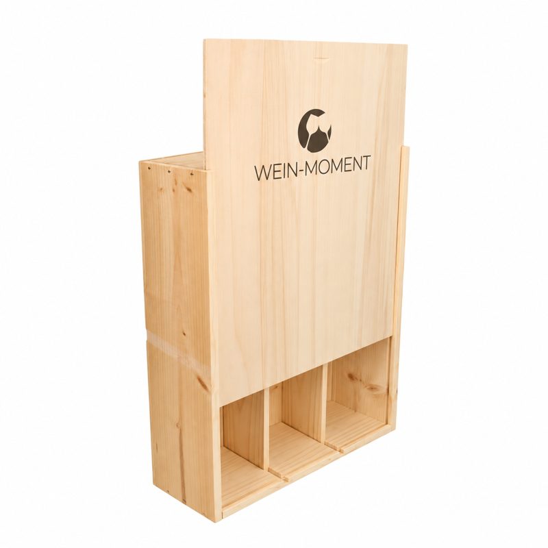 Helle WEIN-MOMENT Holzkiste mit Schiebedeckel, eingebranntem Logo und drei Fächern